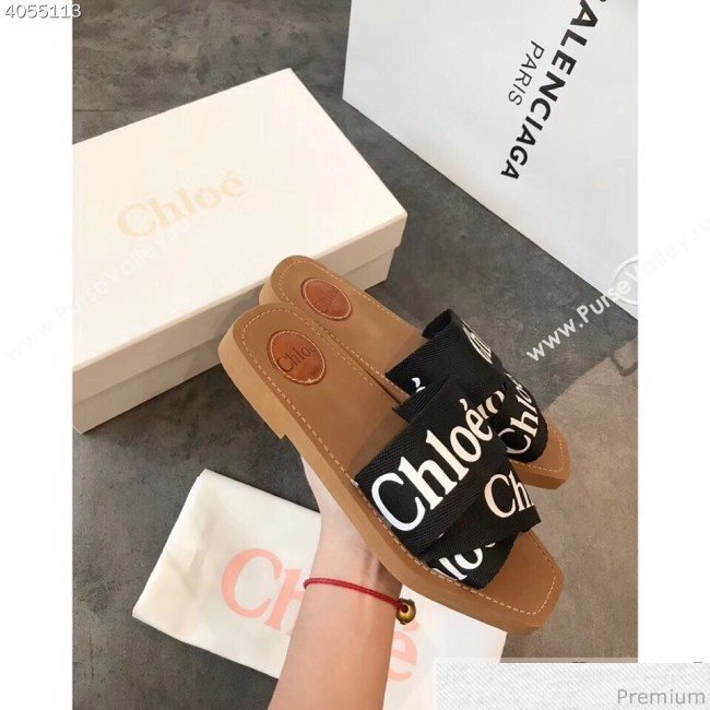 Chloe Logo Band Cross Flat Slide Sandals Black 2019 (EM-9040430)