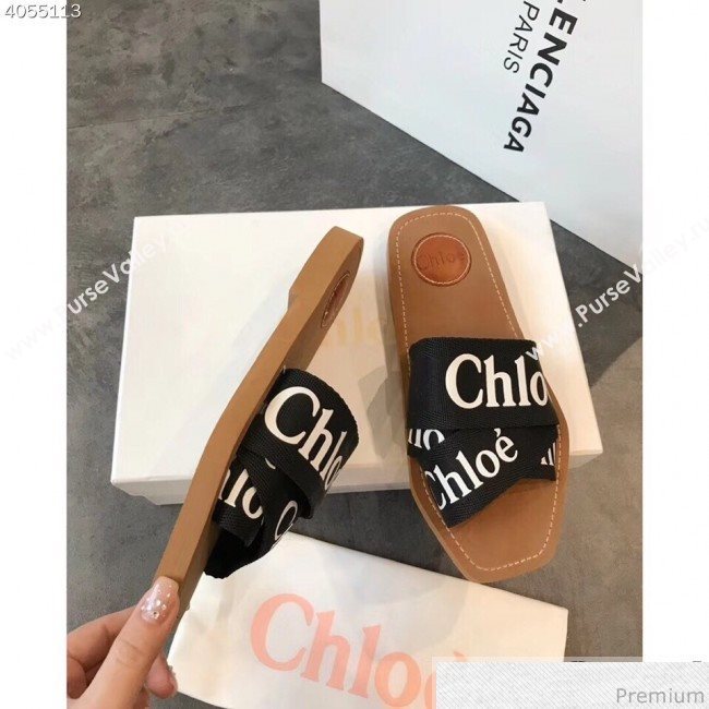 Chloe Logo Band Cross Flat Slide Sandals Black 2019 (EM-9040430)