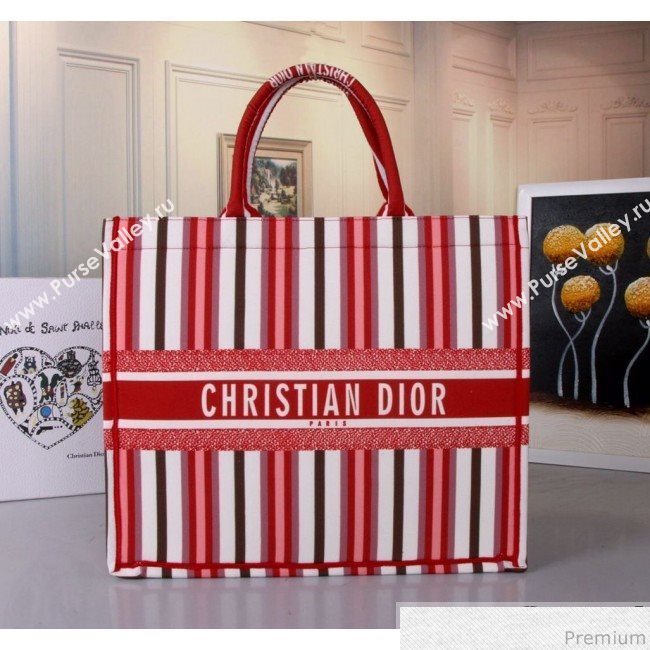 Dior Canvas Stripes Book Tote Red/White/Coffee 2019 (BFS-9030637)