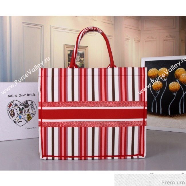 Dior Canvas Stripes Book Tote Red/White/Coffee 2019 (BFS-9030637)