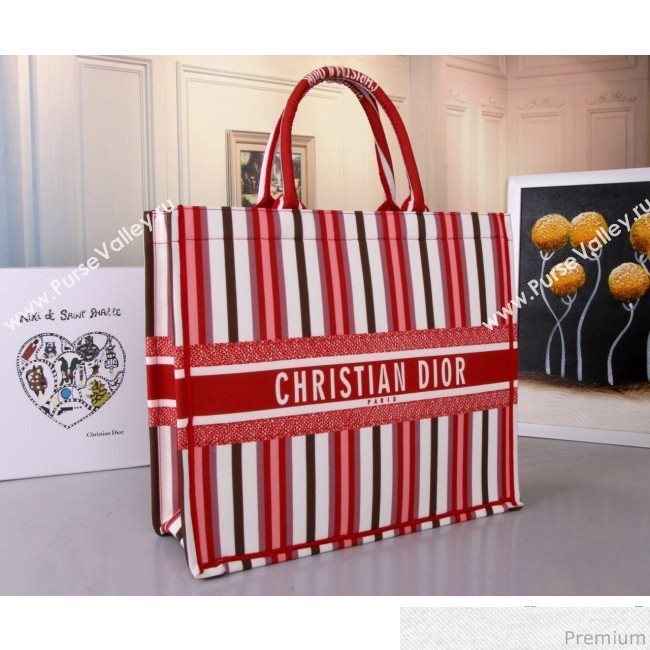 Dior Canvas Stripes Book Tote Red/White/Coffee 2019 (BFS-9030637)