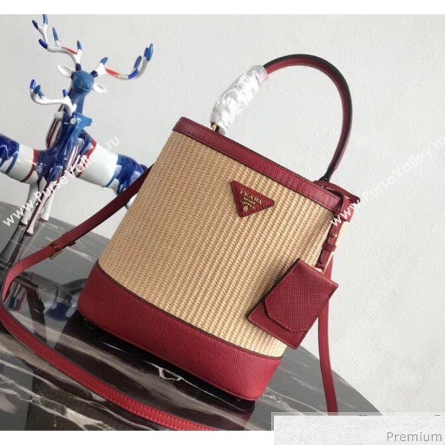 Prada Double Woven Medium Bucket Bag 1BA212 Red 2019 (PYZ-9030703)