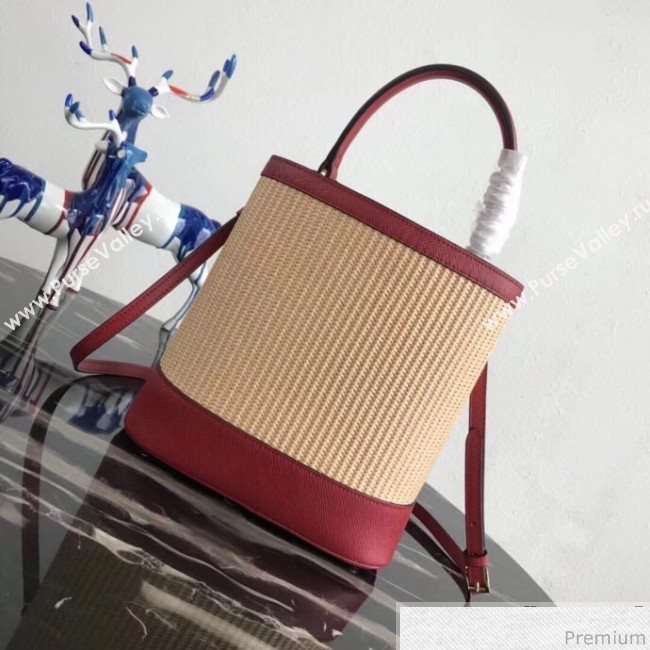 Prada Double Woven Medium Bucket Bag 1BA212 Red 2019 (PYZ-9030703)