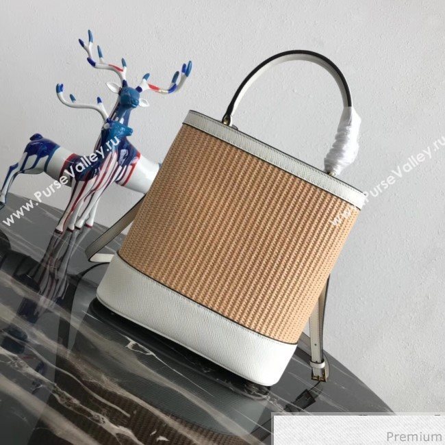 Prada Double Woven Medium Bucket Bag 1BA212 White 2019 (PYZ-9030702)