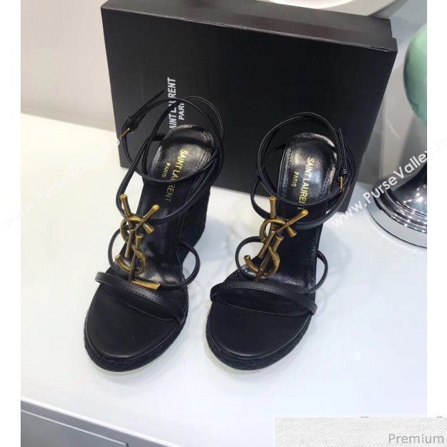 Saint Laurent Cassandra Wedge Espadrilles Sandals with Bamboo Logo in Leather 565796 Black 2019 (JC-9032761)