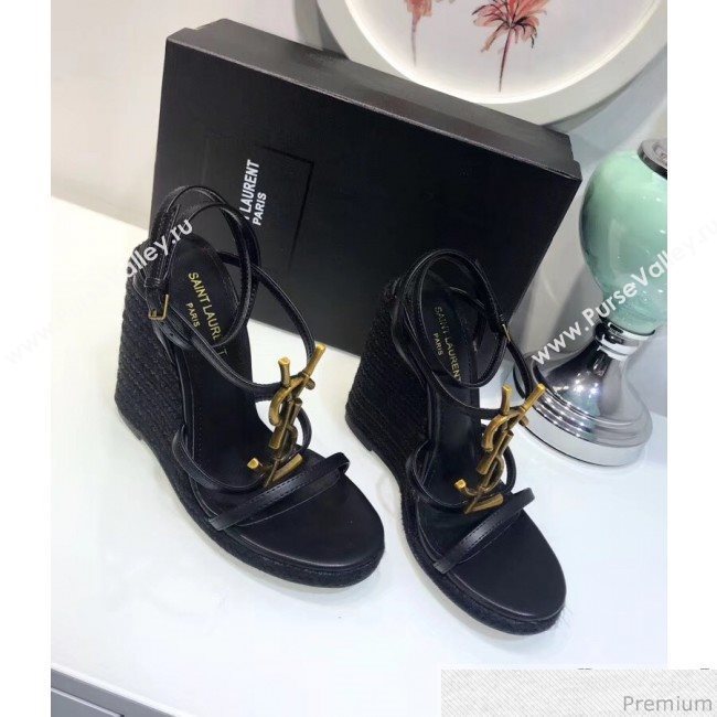 Saint Laurent Cassandra Wedge Espadrilles Sandals with Bamboo Logo in Leather 565796 Black 2019 (JC-9032761)