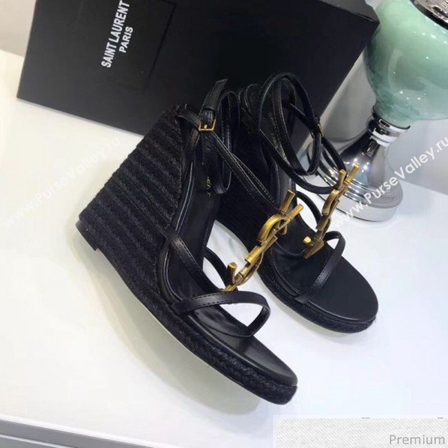 Saint Laurent Cassandra Wedge Espadrilles Sandals with Bamboo Logo in Leather 565796 Black 2019 (JC-9032761)