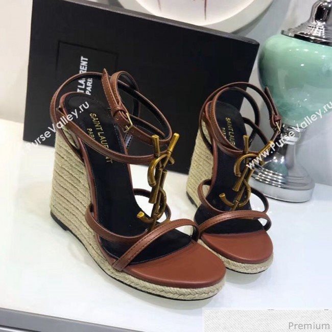 Saint Laurent Cassandra Wedge Espadrilles Sandals with Bamboo Logo in Leather 565796 Brown 2019 (JC-9032762)