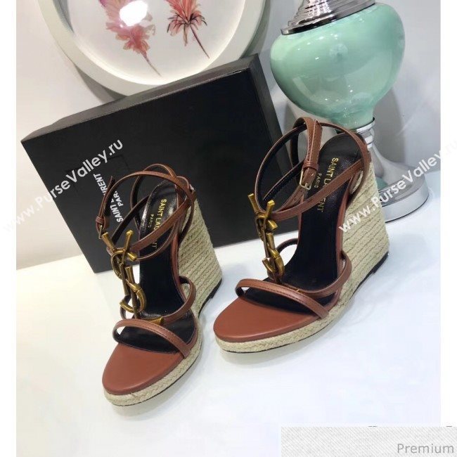 Saint Laurent Cassandra Wedge Espadrilles Sandals with Bamboo Logo in Leather 565796 Brown 2019 (JC-9032762)