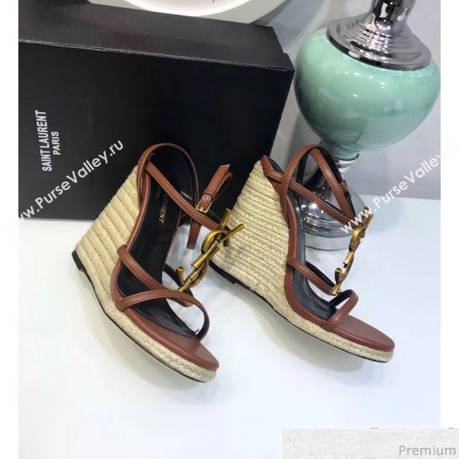 Saint Laurent Cassandra Wedge Espadrilles Sandals with Bamboo Logo in Leather 565796 Brown 2019 (JC-9032762)