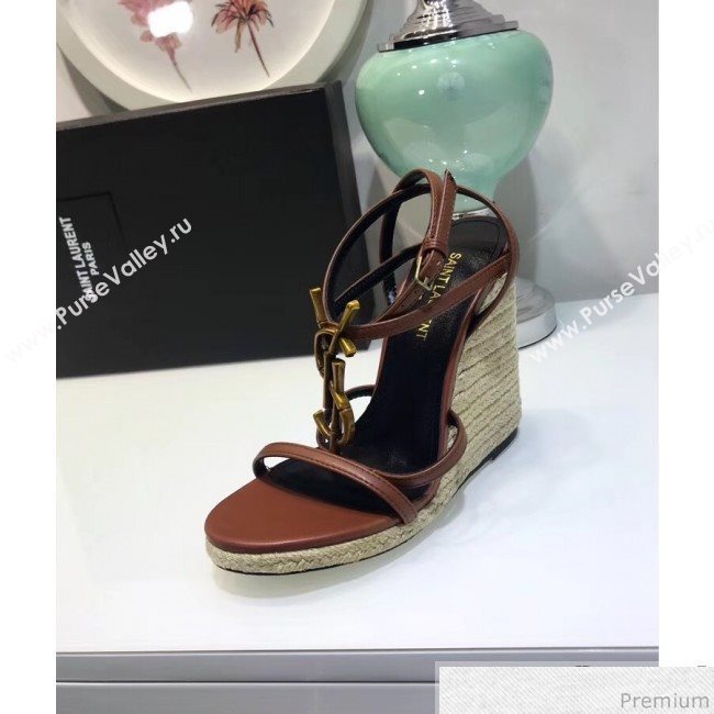 Saint Laurent Cassandra Wedge Espadrilles Sandals with Bamboo Logo in Leather 565796 Brown 2019 (JC-9032762)