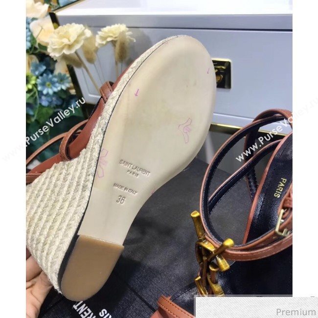 Saint Laurent Cassandra Wedge Espadrilles Sandals with Bamboo Logo in Leather 565796 Brown 2019 (JC-9032762)