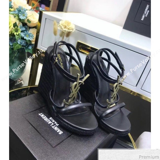 Saint Laurent Cassandra Wedge Espadrilles Sandals with Gold Logo in Leather 557208 Black 2019 (JC-9032763)