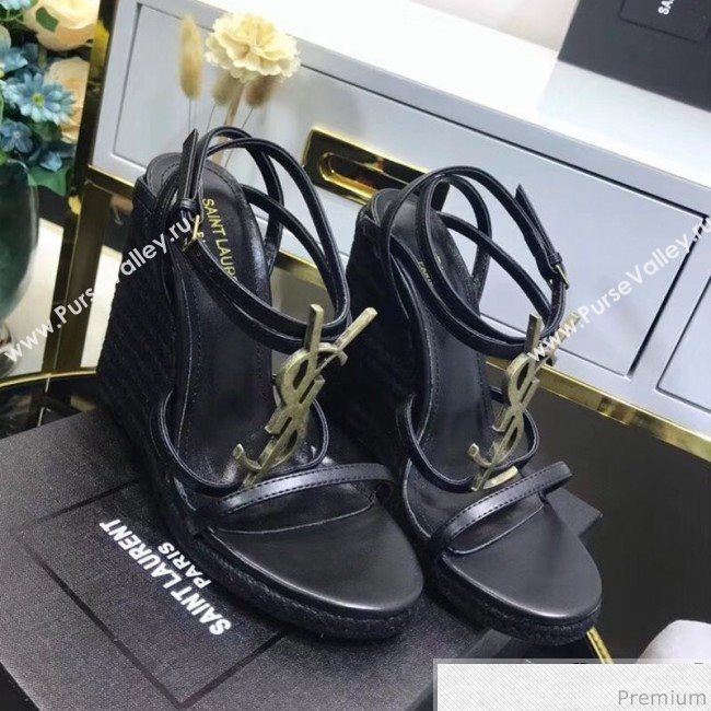 Saint Laurent Cassandra Wedge Espadrilles Sandals with Gold Logo in Leather 557208 Black 2019 (JC-9032763)