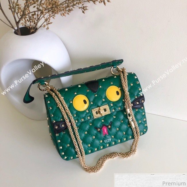 Valentino Monster Face Rockstud Spike Shoulder Bag Dark Green/Yellow 2019 (JJ3-9030709)