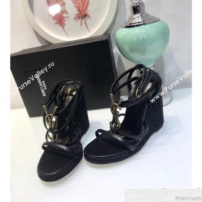 Saint Laurent Cassandra Wedge Espadrilles Sandals with Gold Logo in Leather 557208 Black 2019 (JC-9032763)