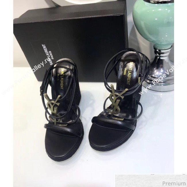 Saint Laurent Cassandra Wedge Espadrilles Sandals with Gold Logo in Leather 557208 Black 2019 (JC-9032763)