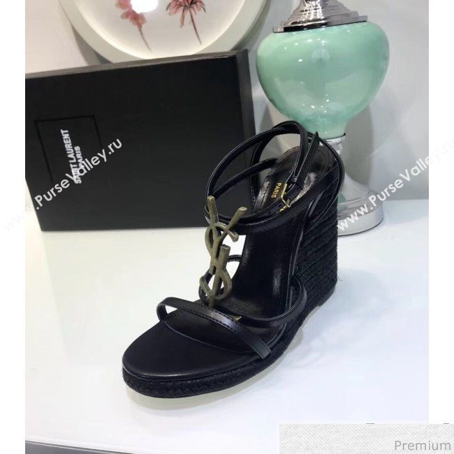 Saint Laurent Cassandra Wedge Espadrilles Sandals with Gold Logo in Leather 557208 Black 2019 (JC-9032763)
