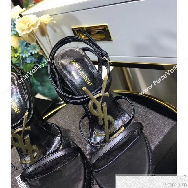 Saint Laurent Cassandra Wedge Espadrilles Sandals with Gold Logo in Leather 557208 Black 2019 (JC-9032763)