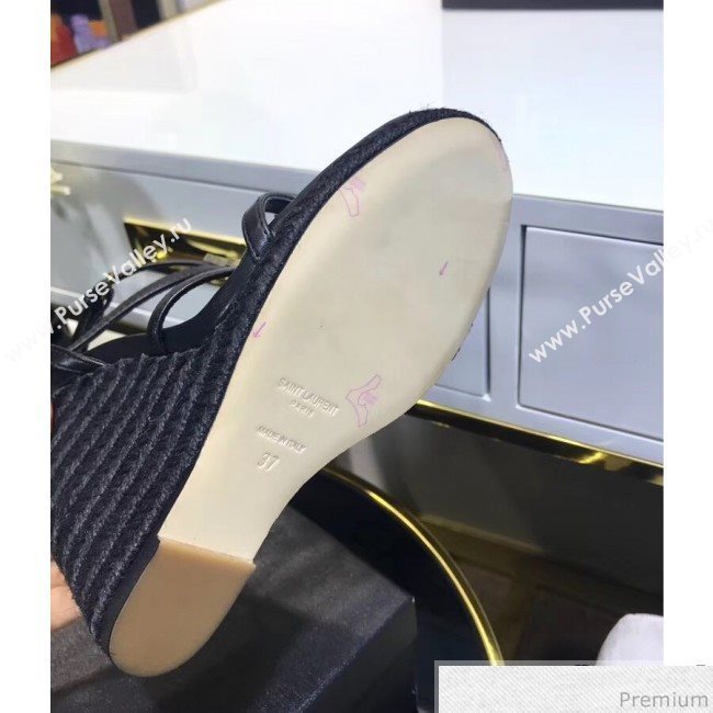 Saint Laurent Cassandra Wedge Espadrilles Sandals with Gold Logo in Leather 557208 Black 2019 (JC-9032763)