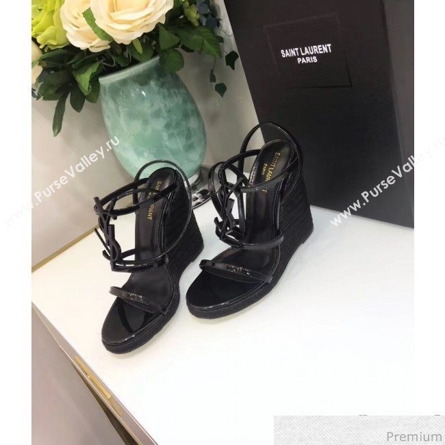 Saint Laurent Cassandra Wedge Espadrilles Sandals with Black Logo in Leather 557208 2019 (JC-9032765)