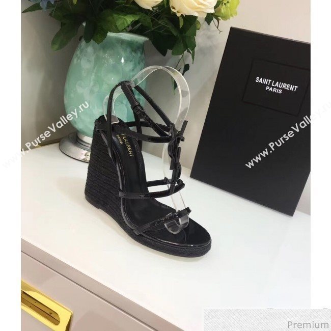 Saint Laurent Cassandra Wedge Espadrilles Sandals with Black Logo in Leather 557208 2019 (JC-9032765)