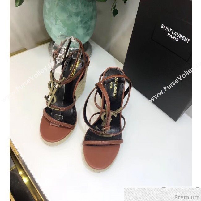 Saint Laurent Cassandra Wedge Espadrilles Sandals with Gold Logo in Leather 557208 Brown 2019 (JC-9032764)