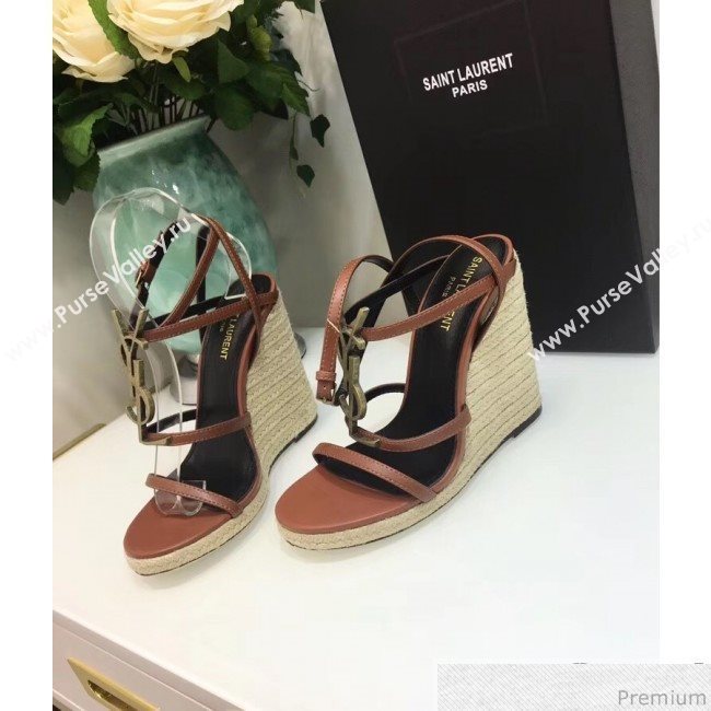 Saint Laurent Cassandra Wedge Espadrilles Sandals with Gold Logo in Leather 557208 Brown 2019 (JC-9032764)