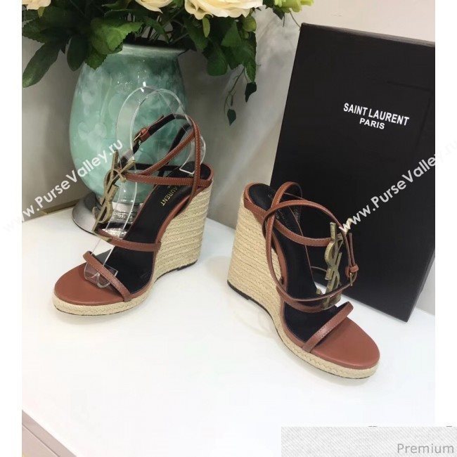 Saint Laurent Cassandra Wedge Espadrilles Sandals with Gold Logo in Leather 557208 Brown 2019 (JC-9032764)