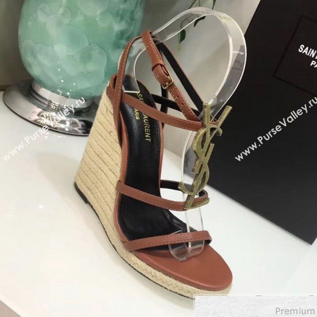 Saint Laurent Cassandra Wedge Espadrilles Sandals with Gold Logo in Leather 557208 Brown 2019 (JC-9032764)