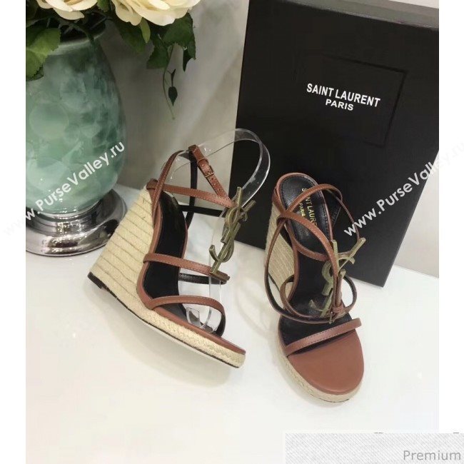 Saint Laurent Cassandra Wedge Espadrilles Sandals with Gold Logo in Leather 557208 Brown 2019 (JC-9032764)