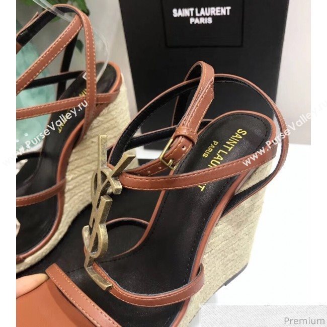Saint Laurent Cassandra Wedge Espadrilles Sandals with Gold Logo in Leather 557208 Brown 2019 (JC-9032764)