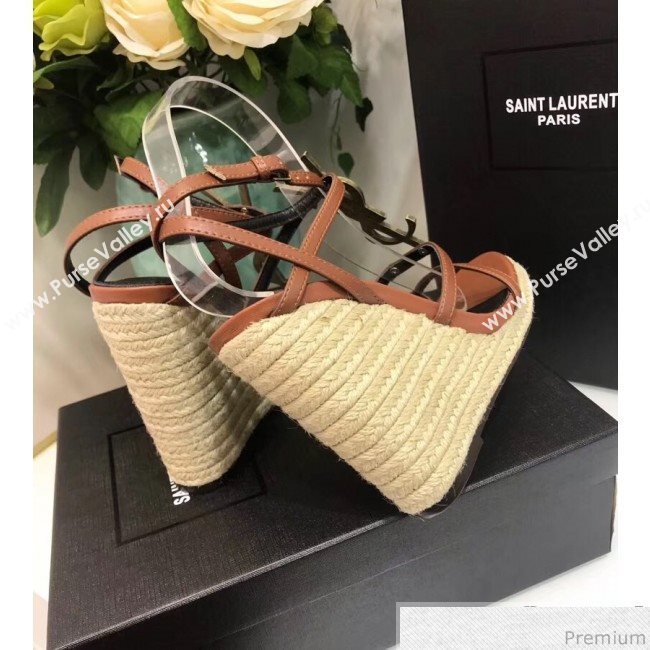 Saint Laurent Cassandra Wedge Espadrilles Sandals with Gold Logo in Leather 557208 Brown 2019 (JC-9032764)