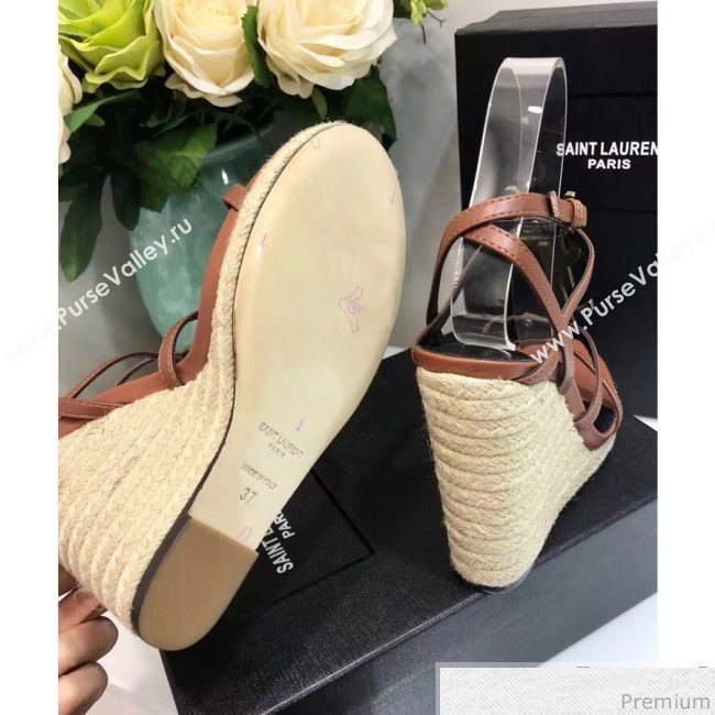 Saint Laurent Cassandra Wedge Espadrilles Sandals with Gold Logo in Leather 557208 Brown 2019 (JC-9032764)