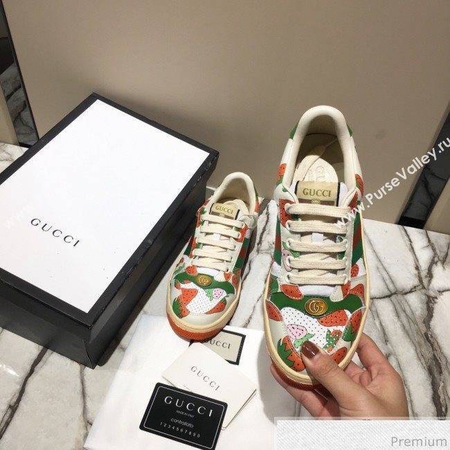 Gucci Screener Sneaker with Gucci Strawberry Print White/Orange 2019 (DLY-9040855)