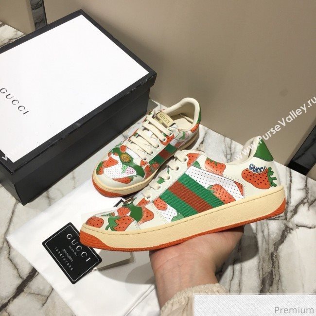 Gucci Screener Sneaker with Gucci Strawberry Print White/Orange 2019 (DLY-9040855)