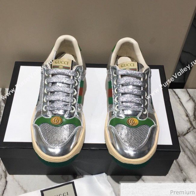 Gucci Screener Metallic Sneaker Silver/Green 2019 (DLY-9040853)