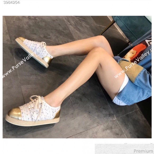 Chanel Tweed Lace-Up Espadrilles Sneakers G34424 White/Pink/Gold 2018 (EM-9030933)