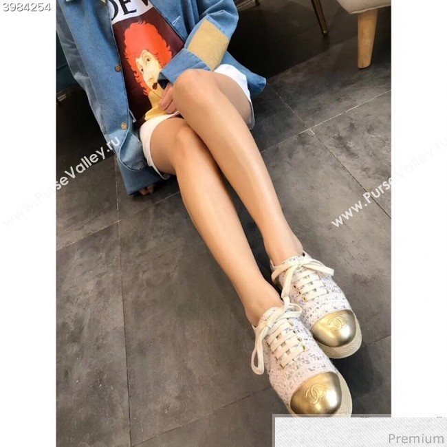 Chanel Tweed Lace-Up Espadrilles Sneakers G34424 White/Pink/Gold 2018 (EM-9030933)