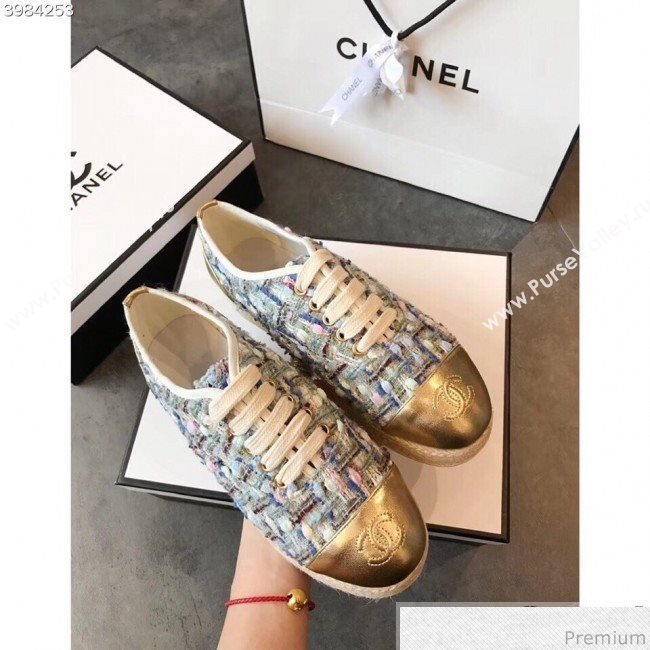 Chanel Tweed Lace-Up Espadrilles Sneakers G34424 Blue/Pink/Gold 2018 (EM-9030934)