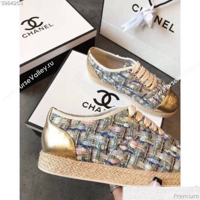 Chanel Tweed Lace-Up Espadrilles Sneakers G34424 Blue/Pink/Gold 2018 (EM-9030934)