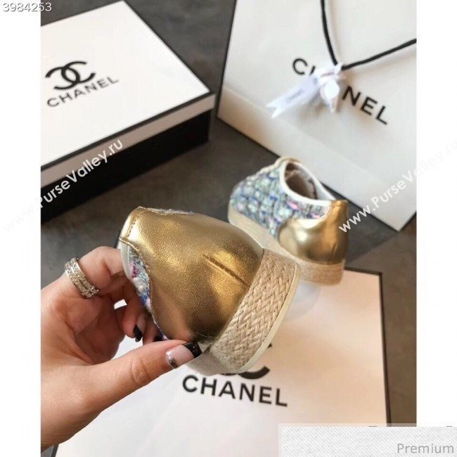 Chanel Tweed Lace-Up Espadrilles Sneakers G34424 Blue/Pink/Gold 2018 (EM-9030934)