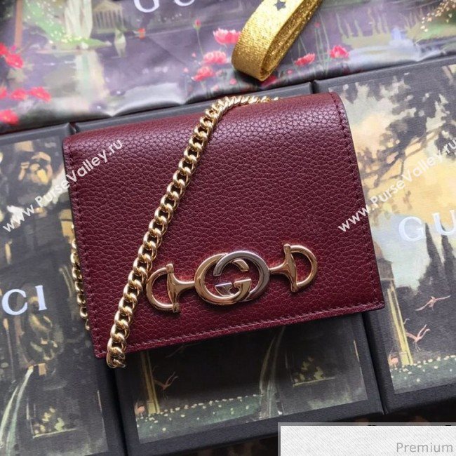Gucci Zumi Grainy Leather Card Case on Chain 570660 Burgundy (JM-9041228)