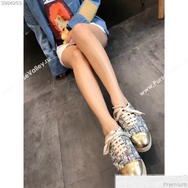 Chanel Tweed Lace-Up Espadrilles Sneakers G34424 Blue/Pink/Gold 2018 (EM-9030934)