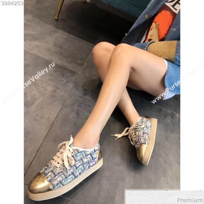 Chanel Tweed Lace-Up Espadrilles Sneakers G34424 Blue/Pink/Gold 2018 (EM-9030934)