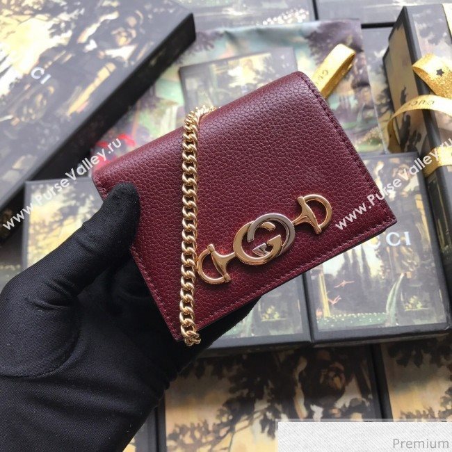 Gucci Zumi Grainy Leather Card Case on Chain 570660 Burgundy (JM-9041228)