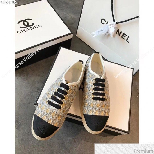 Chanel Woven Lace-Up Espadrilles Sneakers G34424 Light Grey/Gold 2018 (EM-9030935)