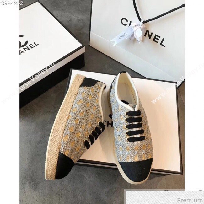 Chanel Woven Lace-Up Espadrilles Sneakers G34424 Light Grey/Gold 2018 (EM-9030935)