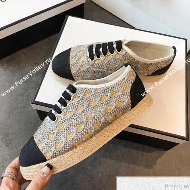 Chanel Woven Lace-Up Espadrilles Sneakers G34424 Light Grey/Gold 2018 (EM-9030935)