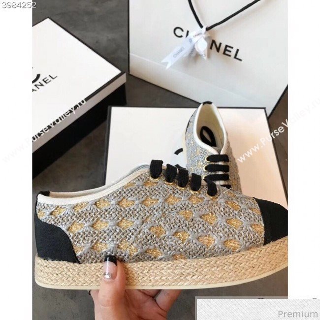 Chanel Woven Lace-Up Espadrilles Sneakers G34424 Light Grey/Gold 2018 (EM-9030935)